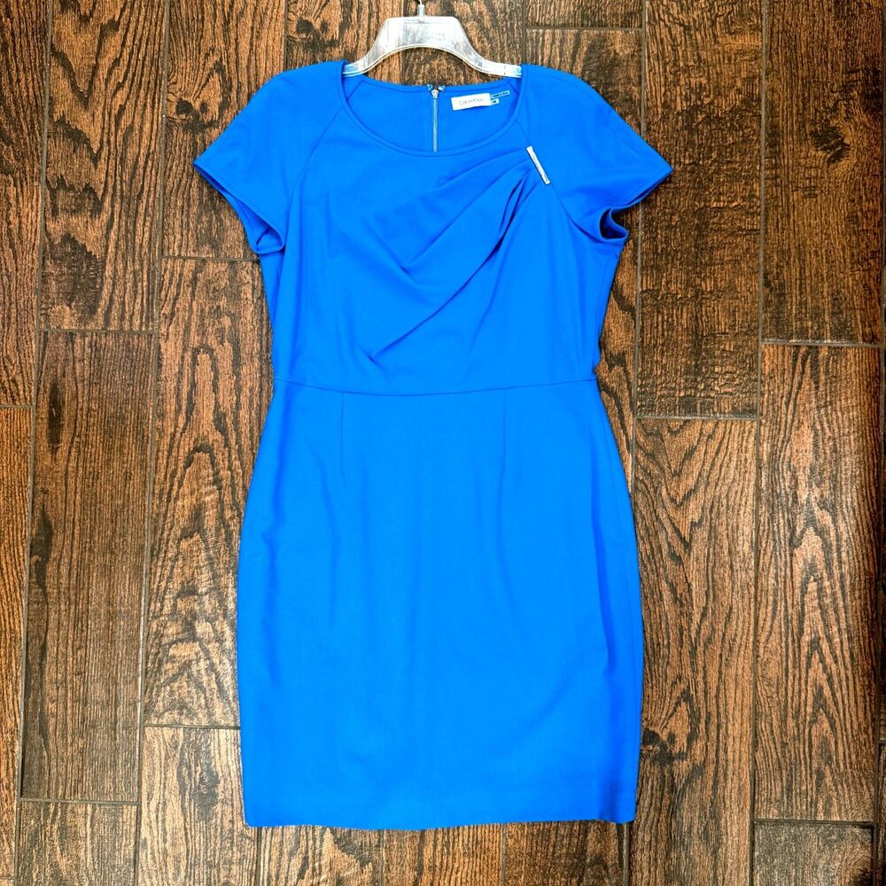 NWT Calvin Klein Cerulean Blue Sheath Dress Sz 14 Cap Sleeve Pleat Neck Work